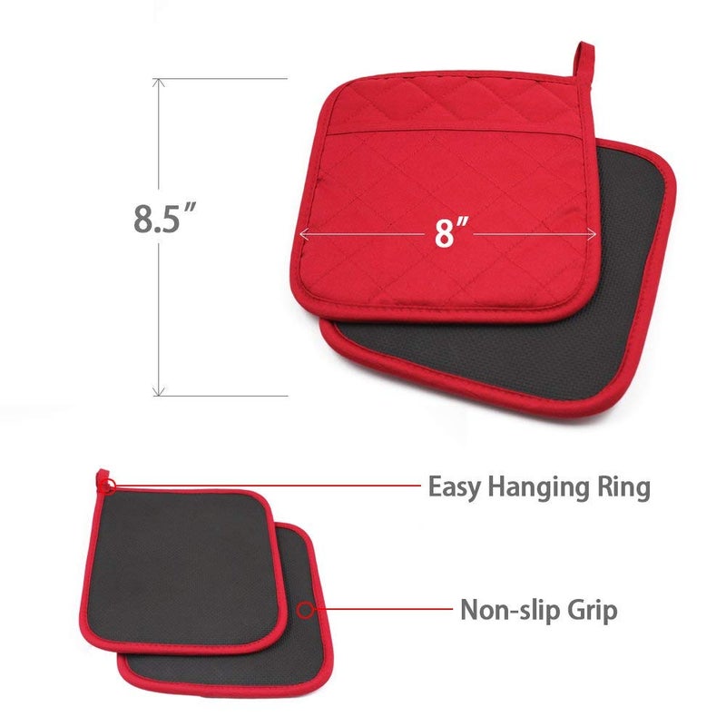 YEKOO Cotton and Neoprene Oven Pads Pot Holders with Pocket 8"x8.5" Dual-Function Hot Pad Set for Finger Hand Wrist Protection Heat Resistant to 428Â°F Red - Image 2